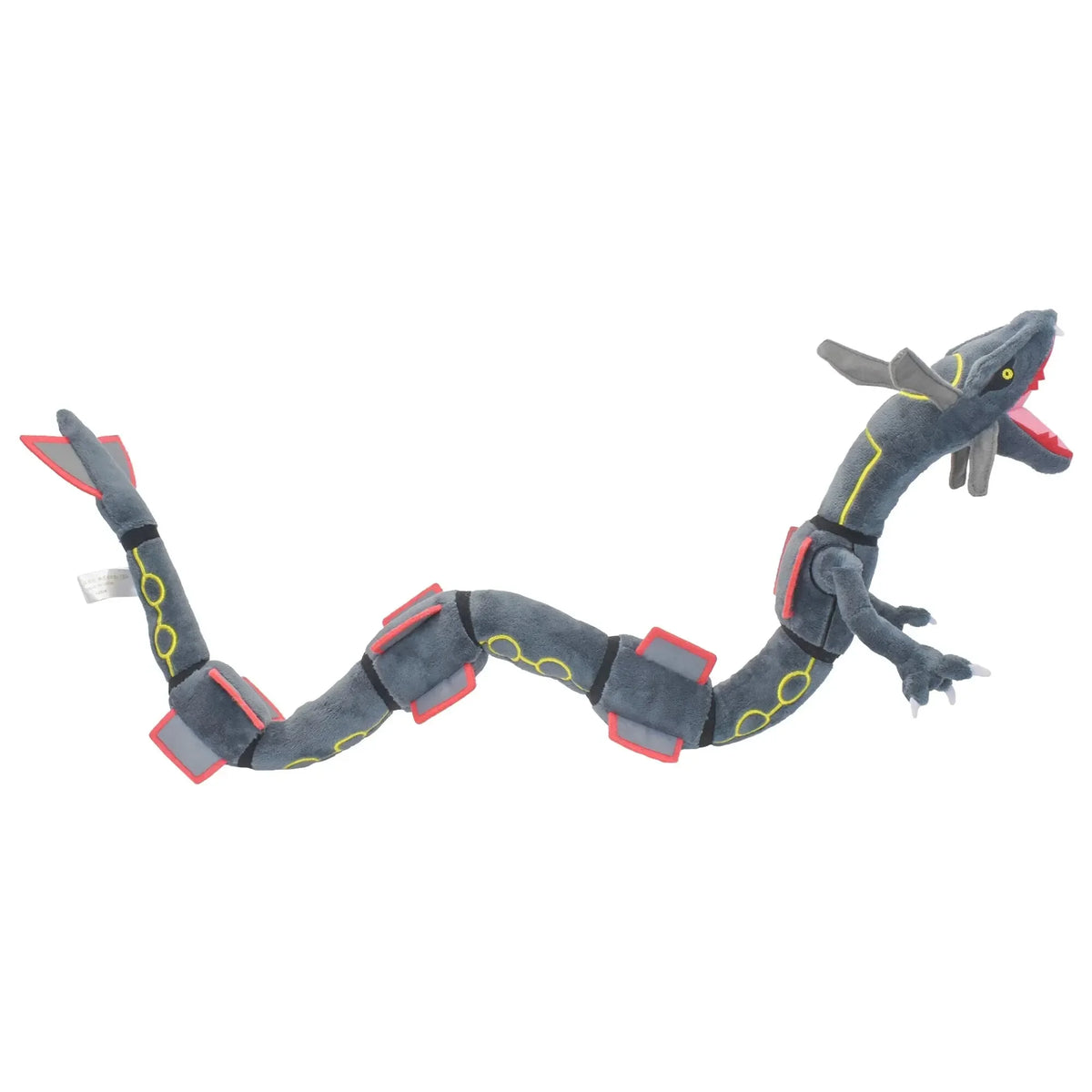 A gray Shiny Rayquaza plush toy with red accents and yellow markings.