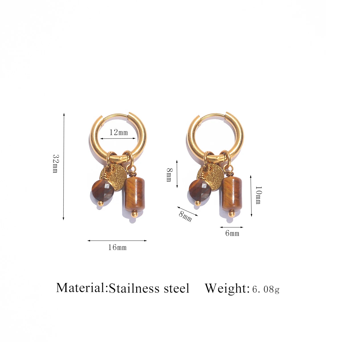 Gold-toned hoop earrings featuring tiger's eye stone pendants made of stainless steel