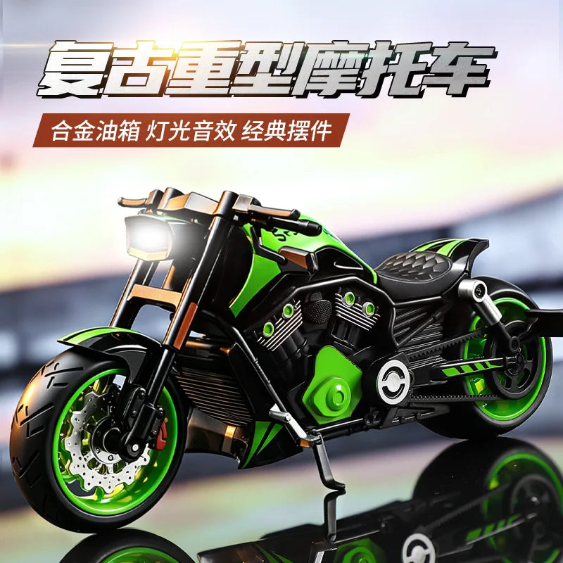 A detailed die-cast motorcycle model featuring a black and neon green paint job, displayed in a studio setting.