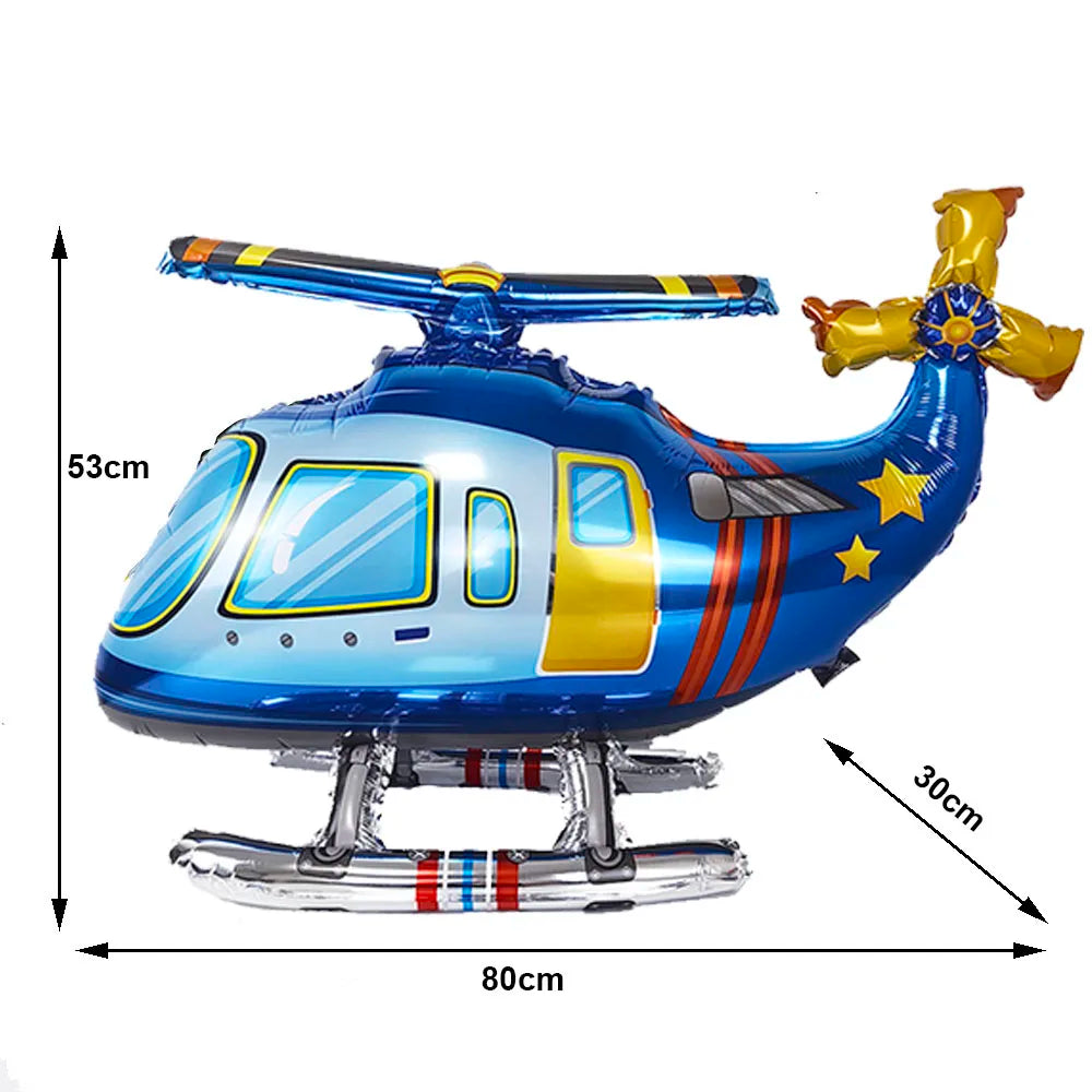 Blue foil balloon airplane model with yellow accents and wings, shown from the side.