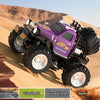 Purple RC off-road truck driving through a desert landscape with various terrain options.