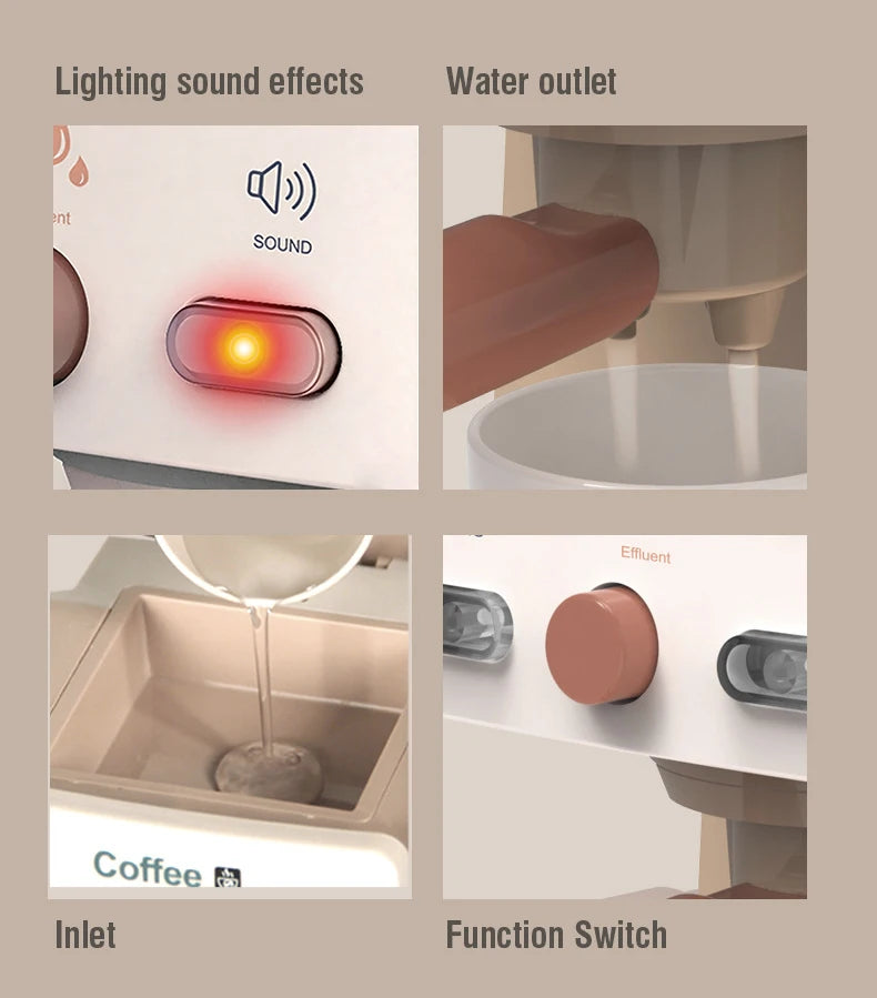 A set of pretend play coffee machine components including a light and sound effect, water outlet, inlet, and function switch.