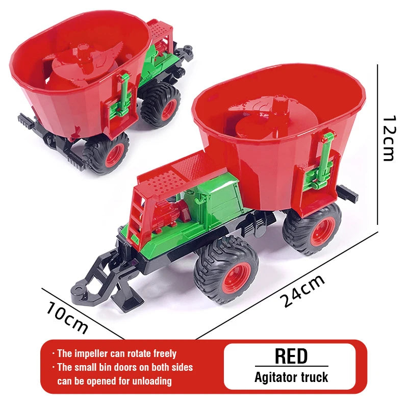 A red and green agitator truck model with a large red bin and trailer, shown from above.
