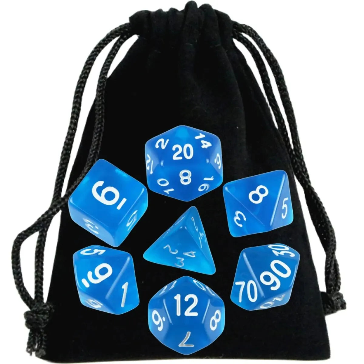 A black drawstring bag filled with a set of transparent polyhedral dice.