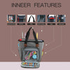 A gray canvas tote bag with multiple interior features including clear pockets, grommets, straps, a built-in tool bag, and a 