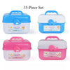 A set of three colorful plastic medical kits for kids including doctor and nurse play items