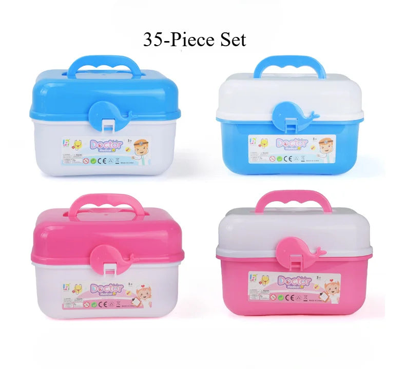 A set of three colorful plastic medical kits for kids including doctor and nurse play items