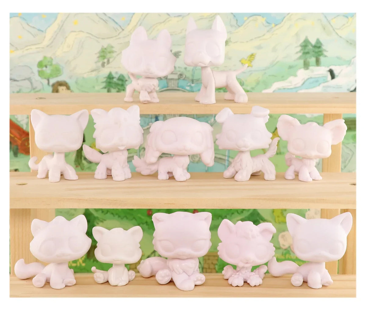A collection of twelve white pet figures and customizable bases arranged on a wooden shelf.