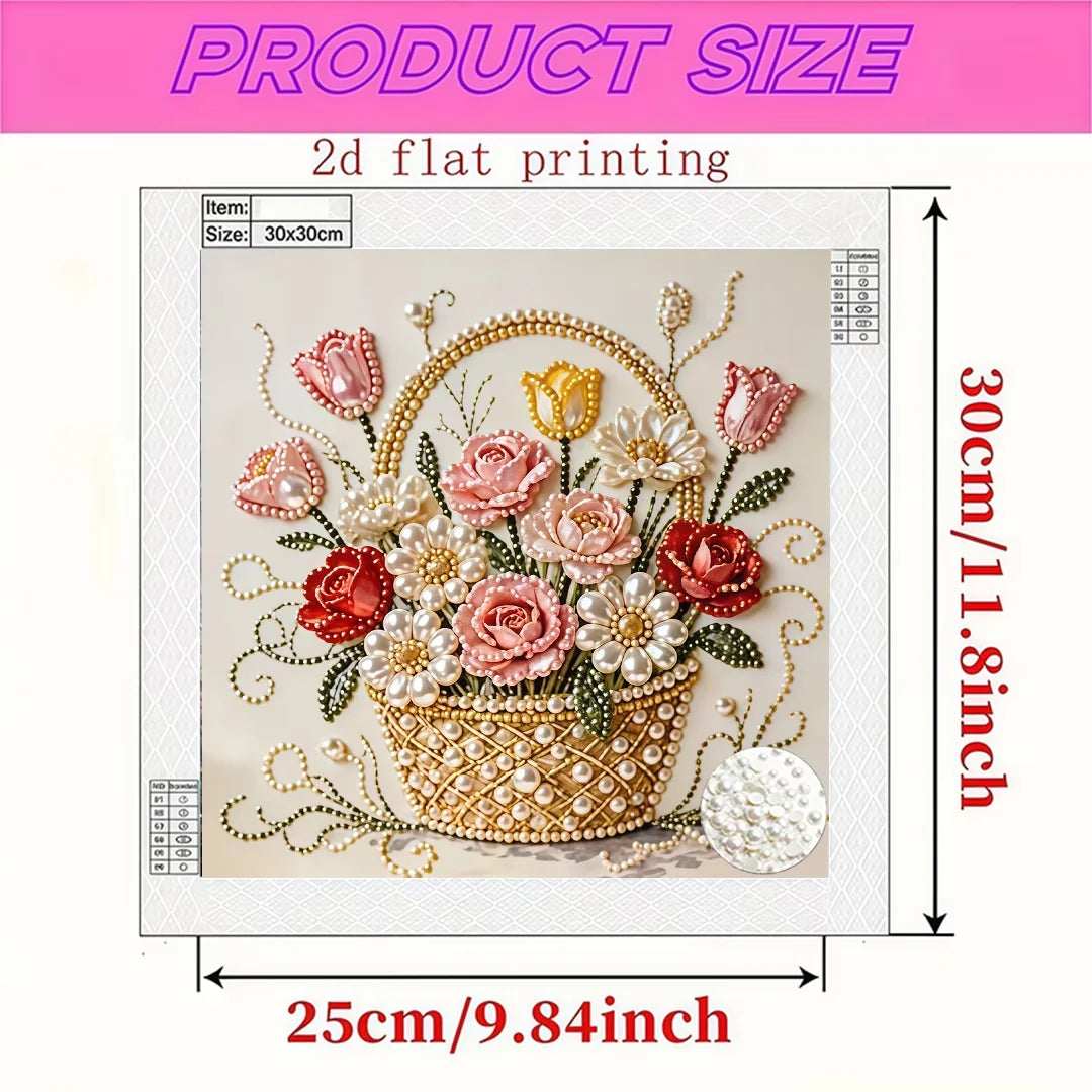 A flat printing design featuring a bouquet of pink and white roses in a gold basket for a diamond painting kit