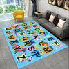 A colorful alphabet rug featuring cartoon letters and animals for a kids playroom or educational area.