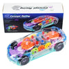 A clear plastic racing car model filled with colorful gears and lights, designed for bump-and-go action.
