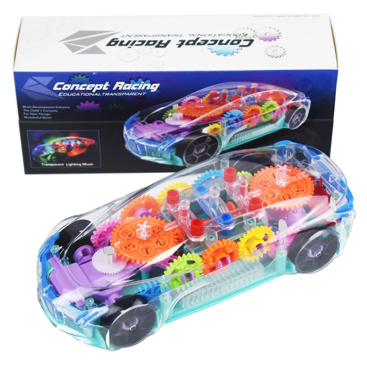 A clear plastic racing car model filled with colorful gears and lights, designed for bump-and-go action.