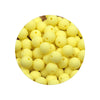A pile of yellow silicone beads for DIY jewelry making, assorted sizes.