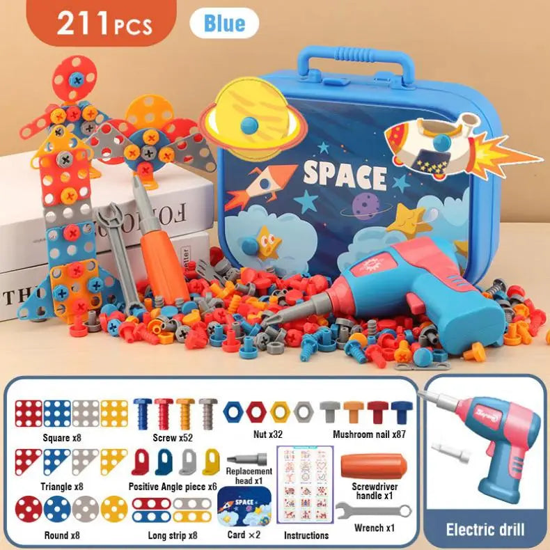 Blue dinosaur drill and screw building toy set with an electric drill and various components