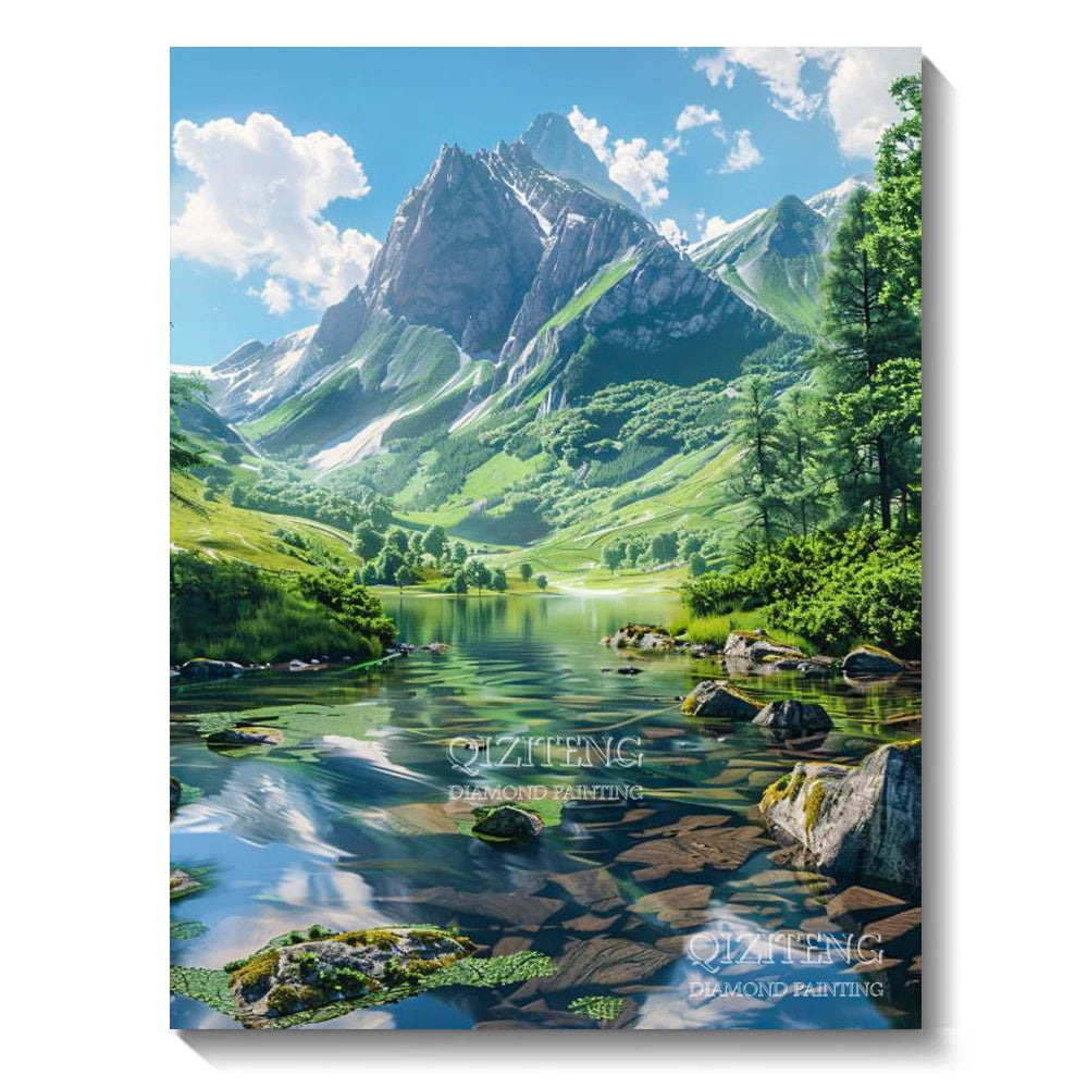 A scenic mountain landscape featuring green hills, a lake, and rocky shores.