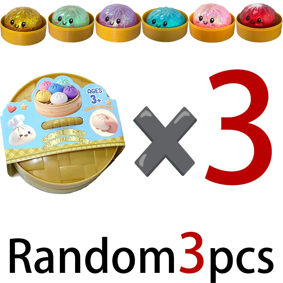 A set of nine colorful glitter dumpling squishy stress relief toys in yellow containers, with a separate random three piece s