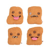 Four plush toys shaped like fried chicken nuggets with various facial expressions and colors.