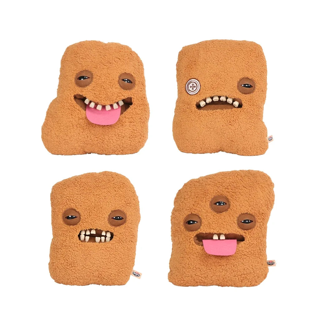 Four plush toys shaped like fried chicken nuggets with funny facial expressions and brown fuzzy texture