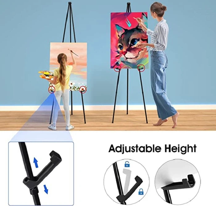 A woman is painting on an adjustable foldable metal easel stand for art display.