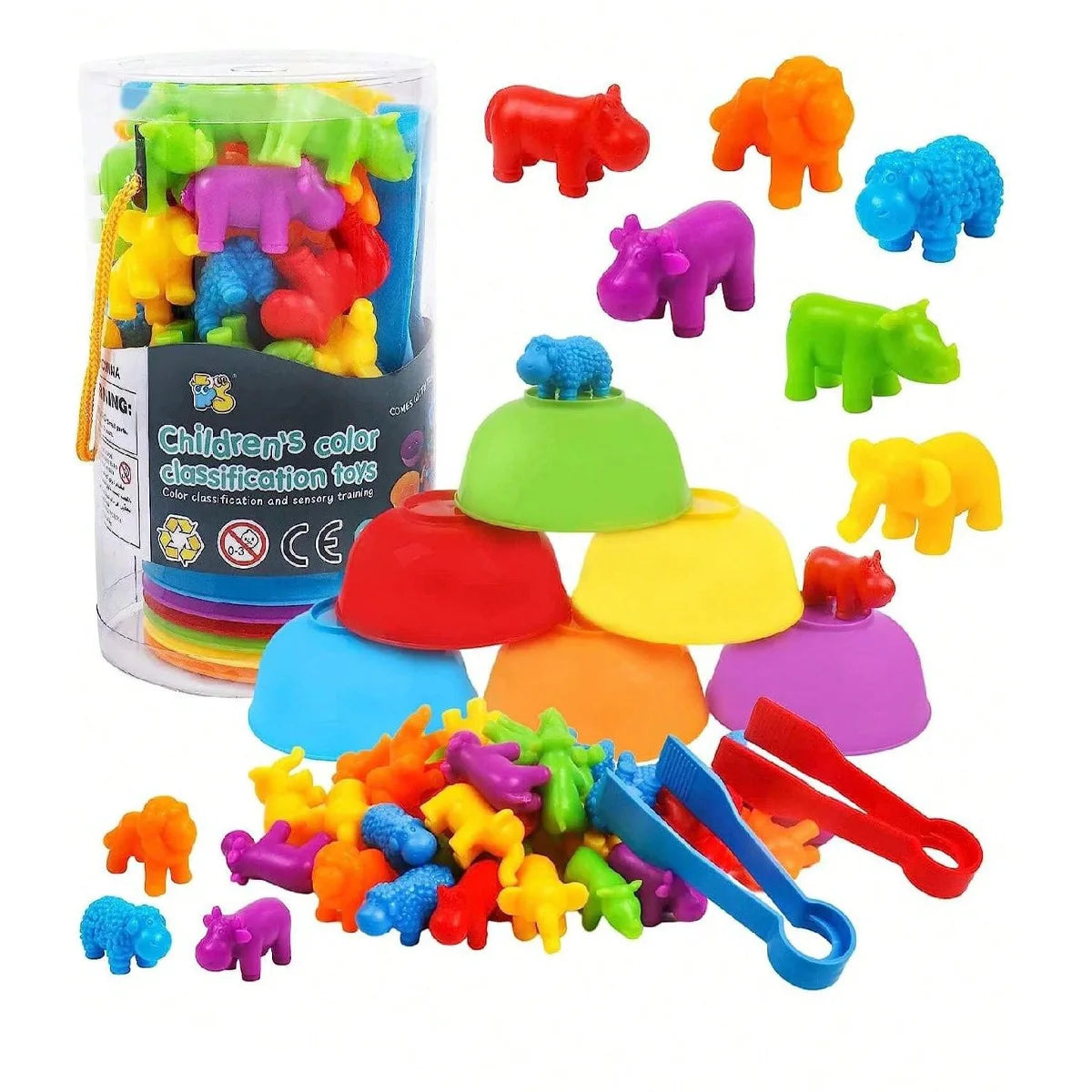 A colorful set of pom-poms in various colors and shapes for children's counting and sorting