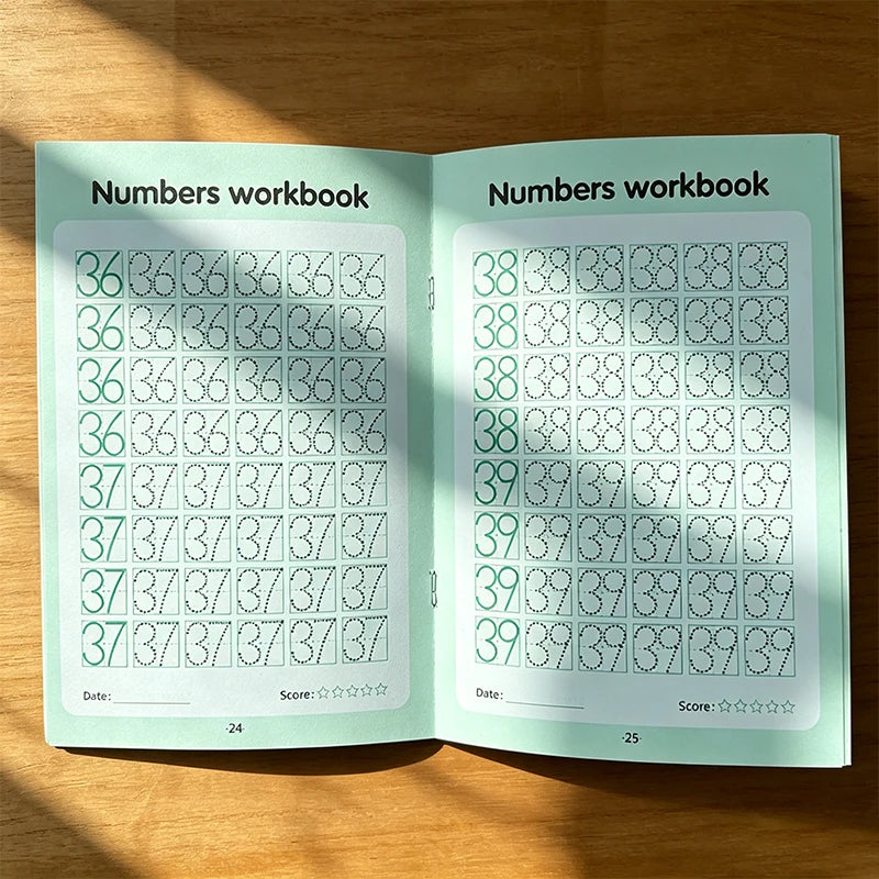 Open page of a Numbers workbook with tracing exercises for numbers 36 through 39.