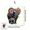 A wooden jigsaw puzzle of an elephant with colorful flowers