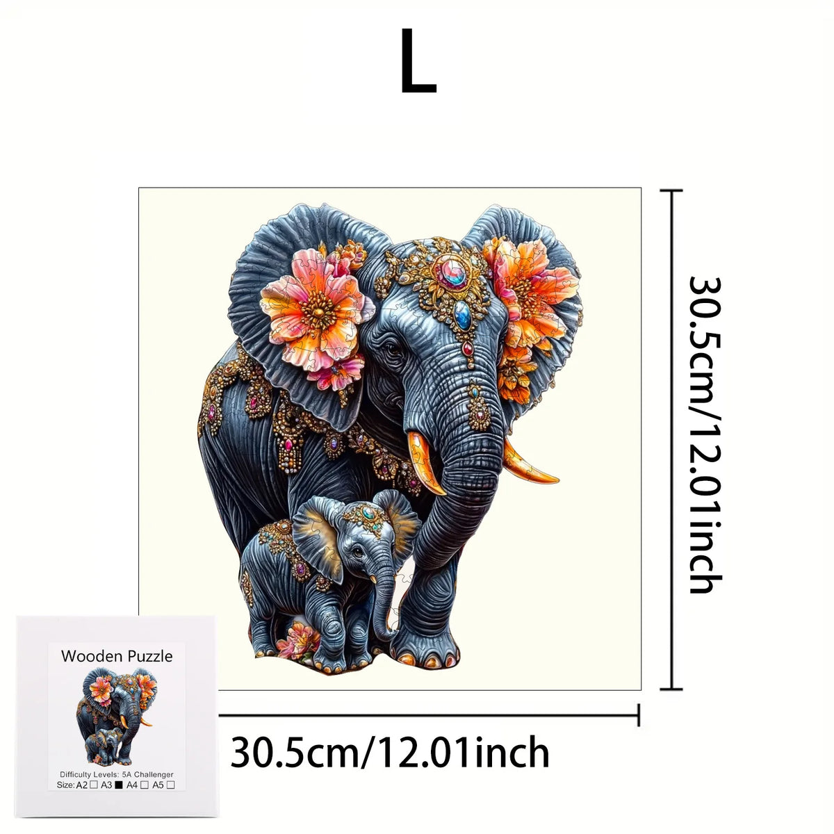 A wooden jigsaw puzzle of an elephant with colorful flowers