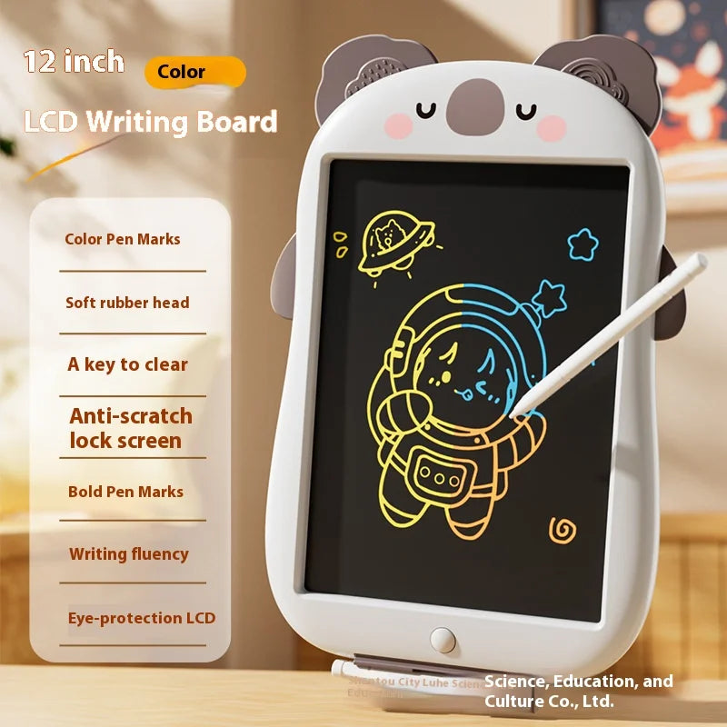 A white LCD writing board shaped like a panda, displaying a yellow drawing of an astronaut and stars.