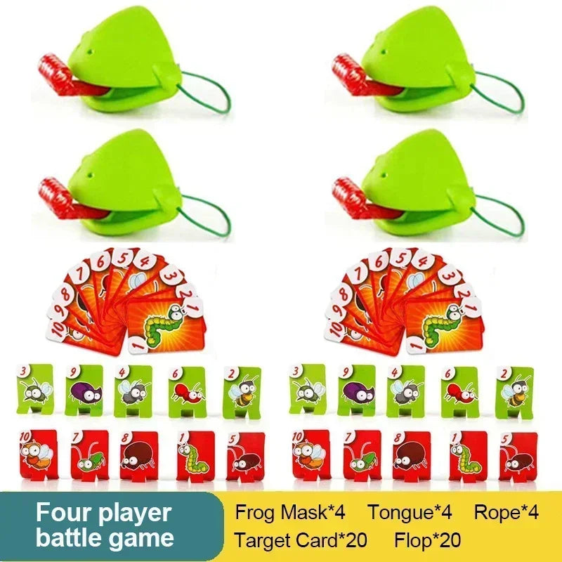 A set of four frog masks, tongue cards, and rope for a battle game.