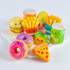 Assorted pack of 12 mini food squishy toys including donuts french fries corn and pizza