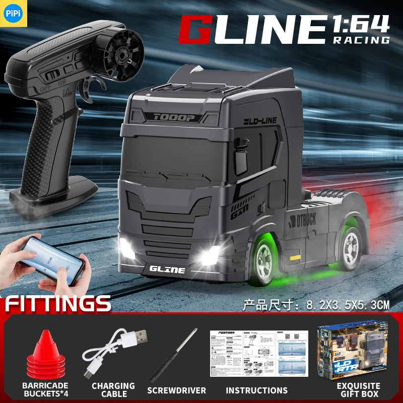 A black 1:64 scale racing drift truck model with lights and a Type-C charging port displayed on a dark background.