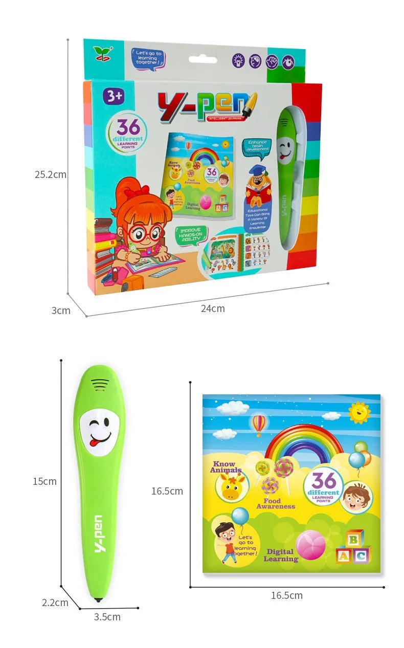 A Y-pen learning set featuring a green pen and flashcards for digital learning and reading skills.