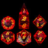 A set of seven sharp edge resin dice in various colors and shapes for role-playing games