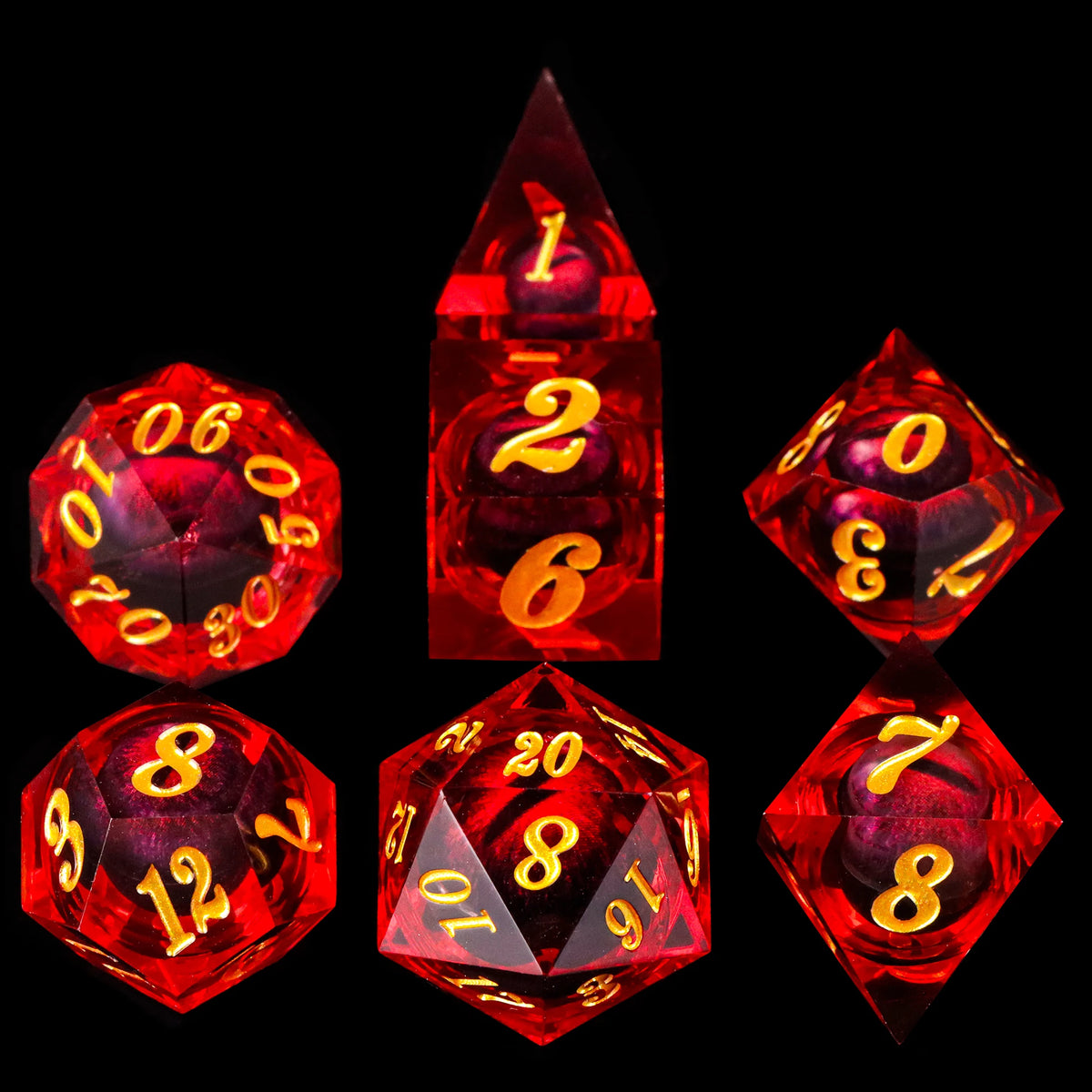 A set of seven sharp edge resin dice in various colors and shapes for role-playing games