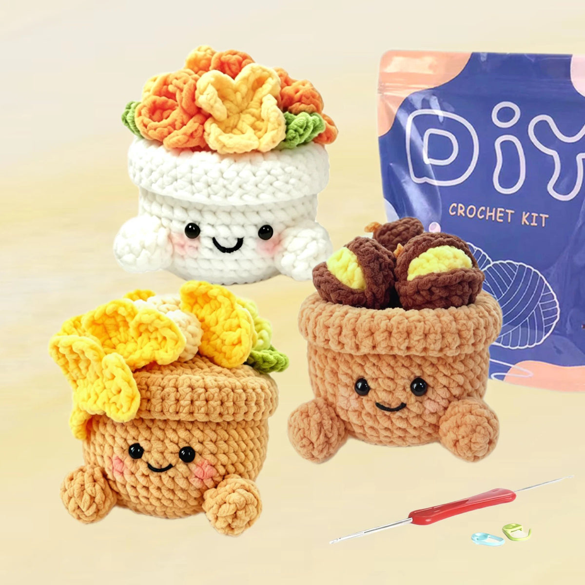 A set of crochet animals made from yarn, including a small potted animal and a larger stuffed animal, next to a purple kit ba