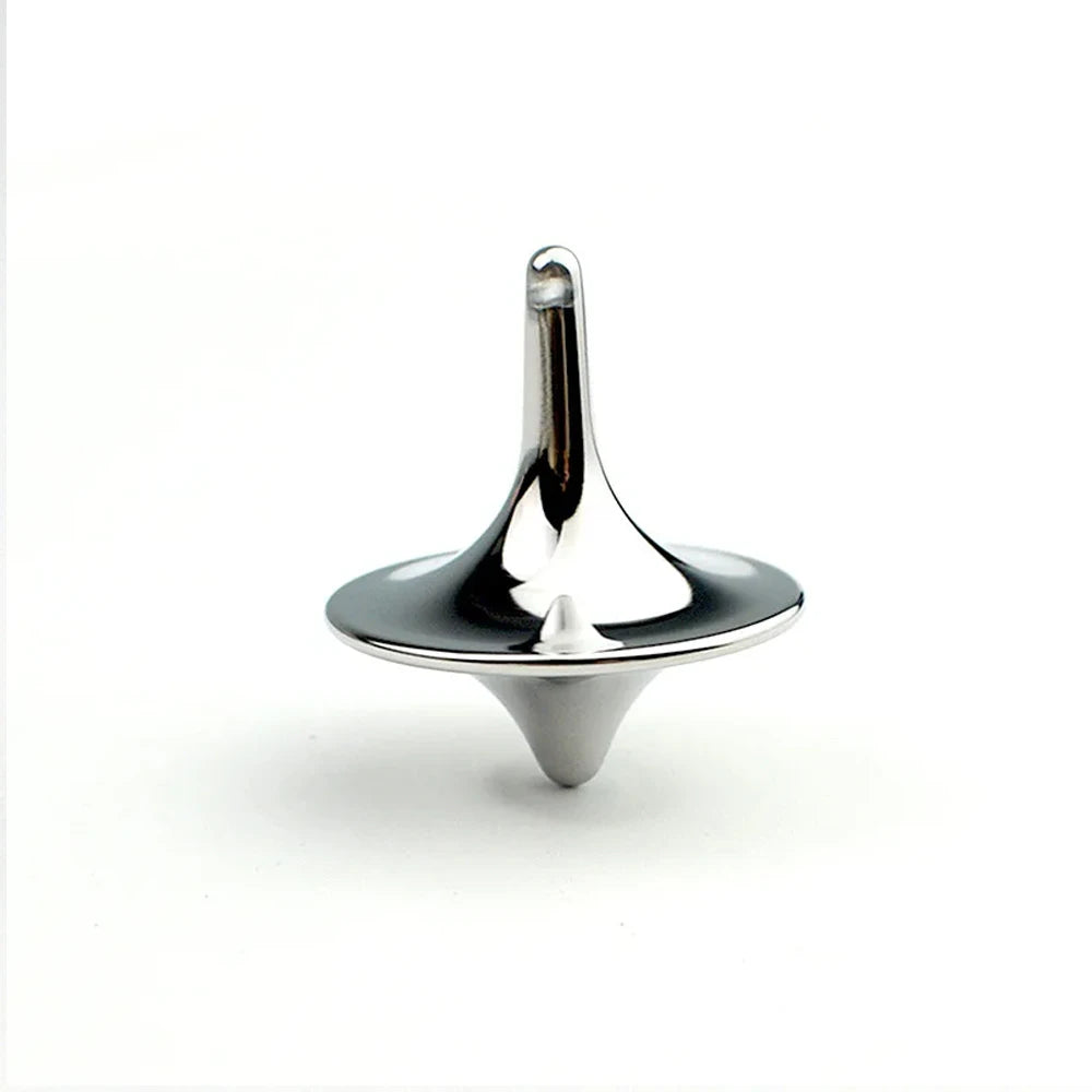 A silver metal fidget spinner with a smooth, tapered design.