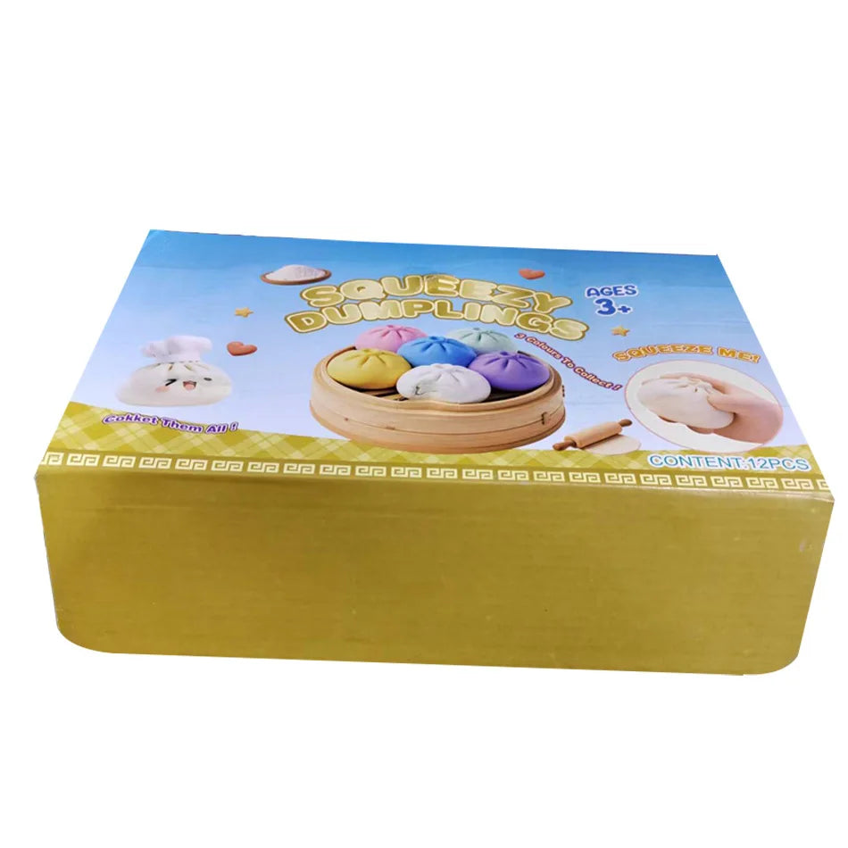 A box of squishy dumplings stress balls with a steamer basket and age recommendation for 3 plus