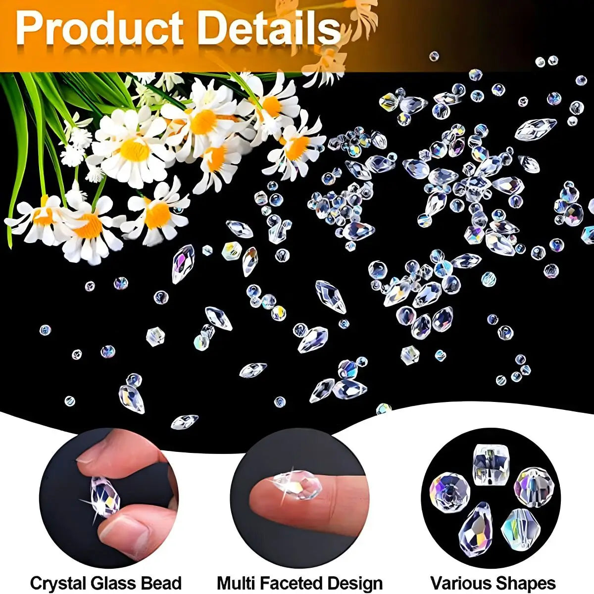 A display of 300 crystal glass beads in various mixed shapes and sizes with an AB finish.