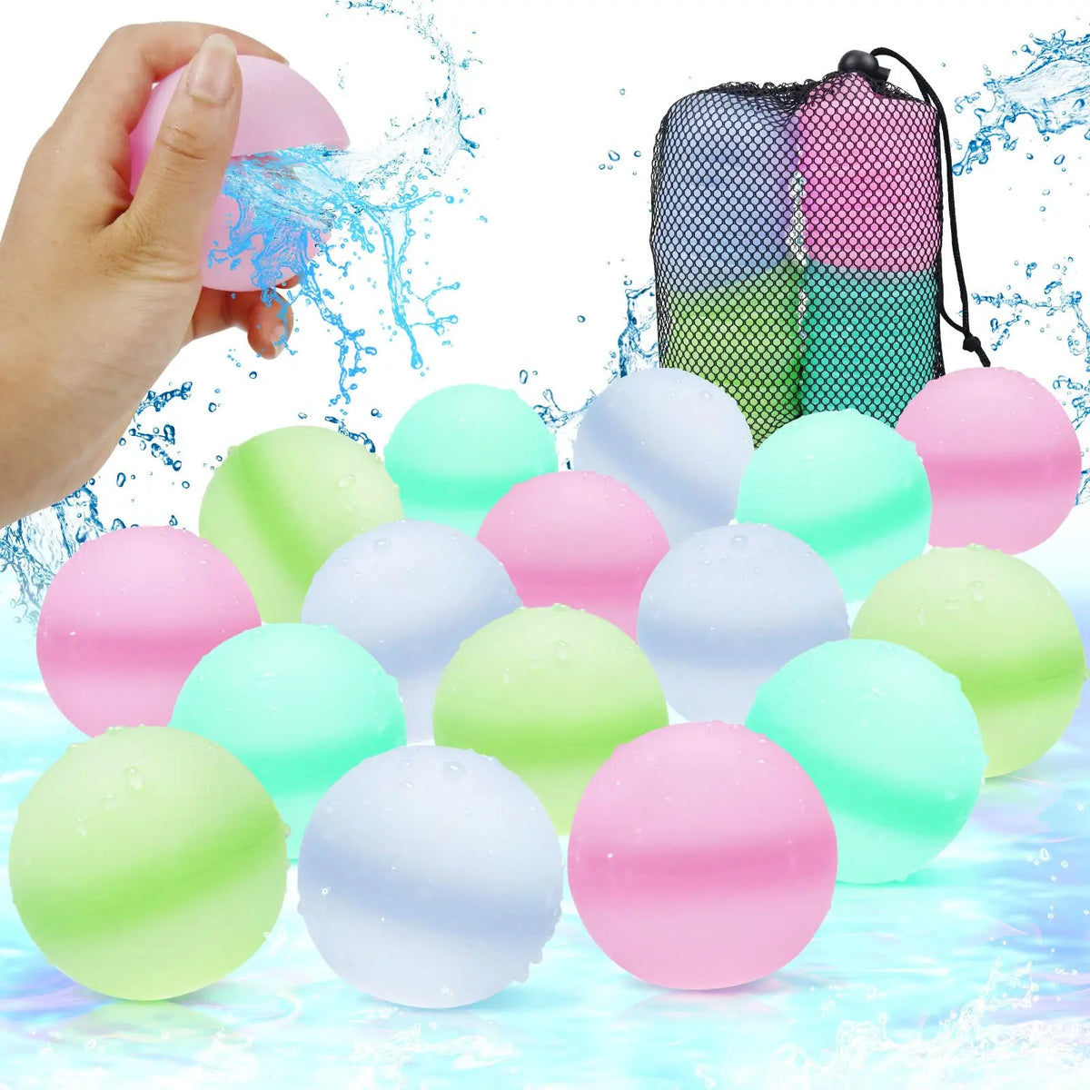 A hand is squeezing a pink silicone water balloon, with many colorful silicone water balloons scattered on a blue surface.