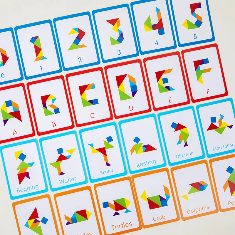 A grid of colorful wooden tangram puzzle pieces numbered 1 through 5, arranged in a rectangular layout.