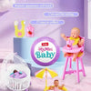 A display of five surprise egg mini baby dolls and related toys in pink, yellow, and purple packaging.