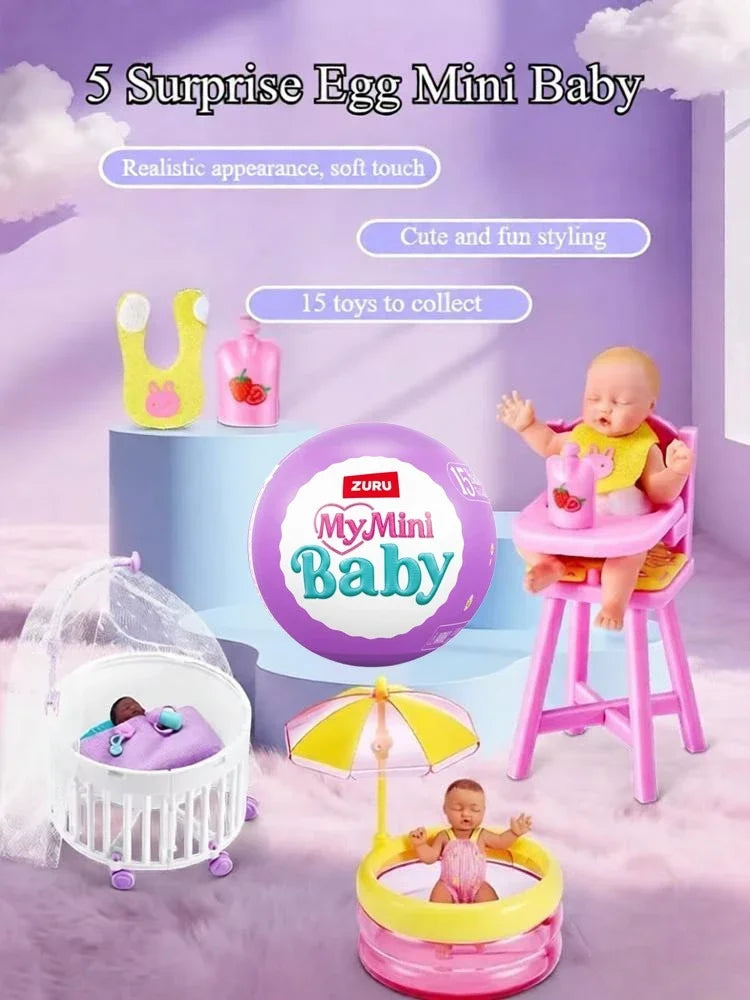 A display of five surprise egg mini baby dolls and related toys in pink, yellow, and purple packaging.
