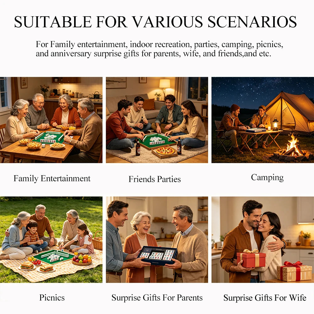 A collection of various scenarios showing a pearl pink acrylic American Mahjong set used for family entertainment, parties, c