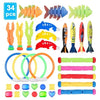 A collection of colorful diving toys including fish, sea creatures, and rings for swimming pool games