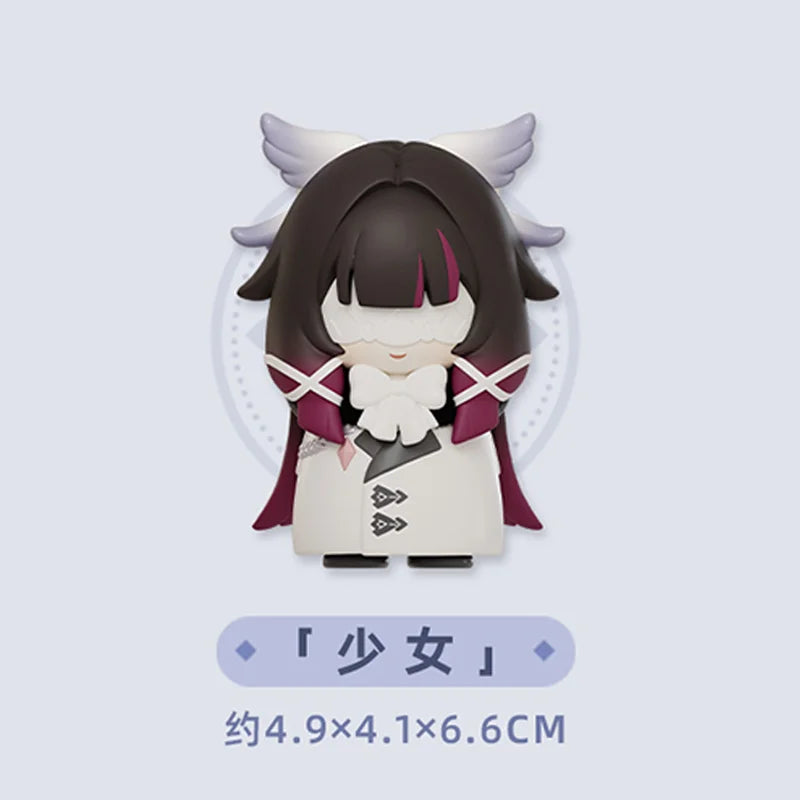 Chibi figurine of a female character with dark hair and white clothing, featuring horns.