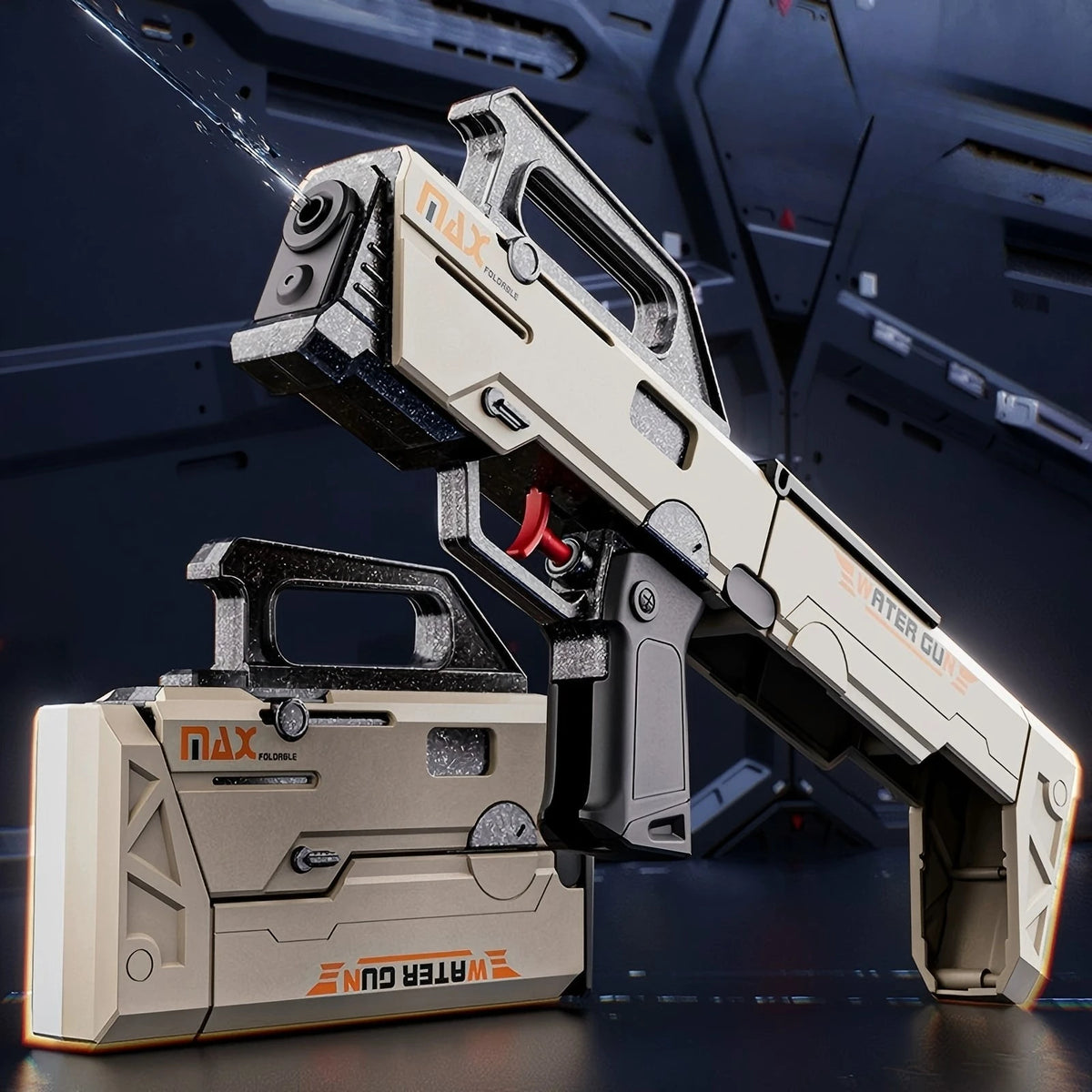 A tan and black folding submachine water gun is shown in a dynamic angle against a dark background.