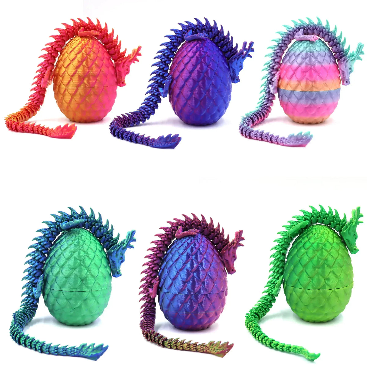 Un ensemble de quatre modèles de dragons colorés et texturés dans différentes nuances de rose, violet et vert.