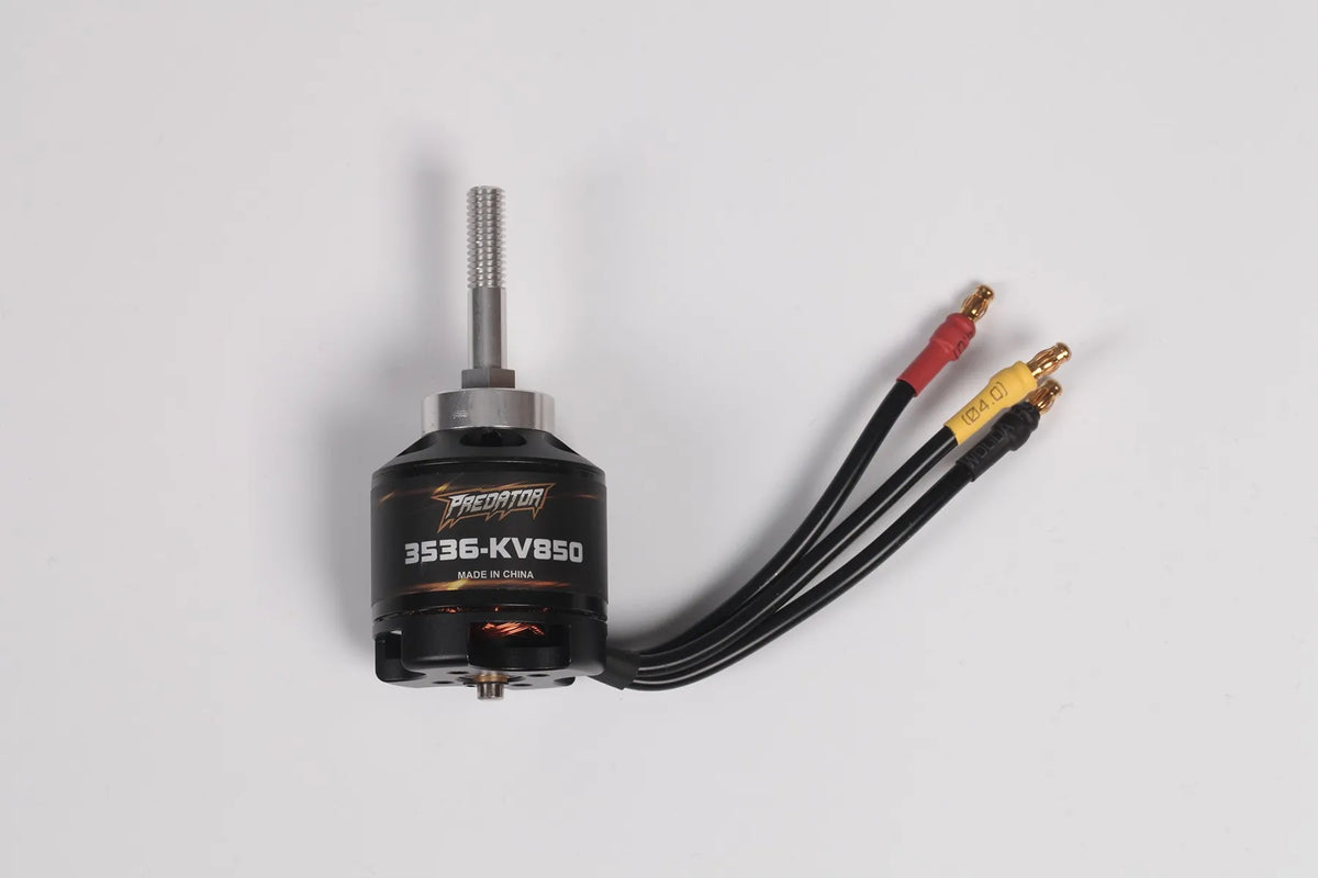 A black motor labeled 3536-KV850 with a metal shaft and wires, used as replacement parts for an RC airplane.