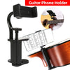 A black clamp-style guitar phone holder designed to mount a smartphone onto a musical instrument.