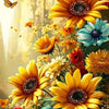A vibrant close-up of yellow sunflowers and blue flowers with a butterfly in a bright, sunny garden setting.